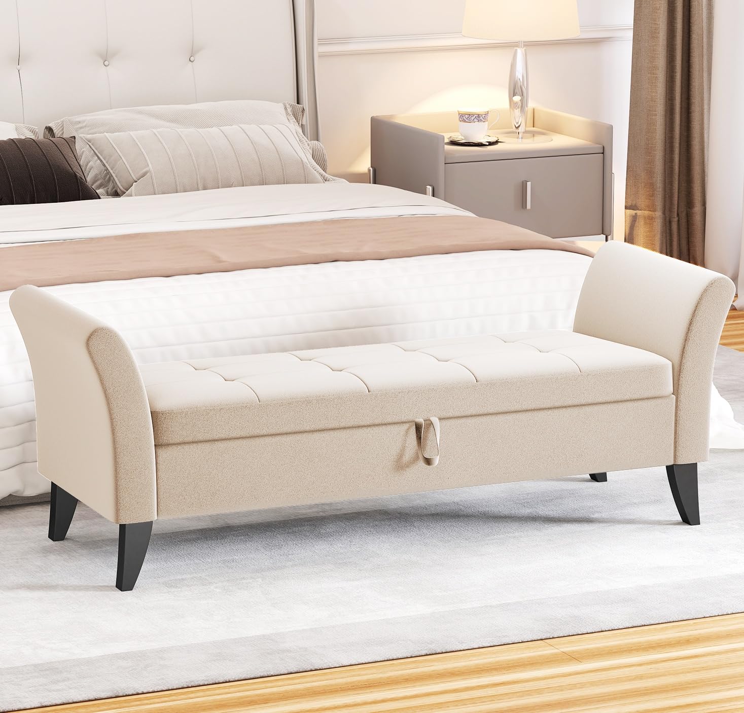 Rovibek 51" Storage Ottoman Bench, Velvet Bedroom End of Bed Bench, Upholstered Window Benches with Solid Wood Legs and Curved Armrests for Bedroom,