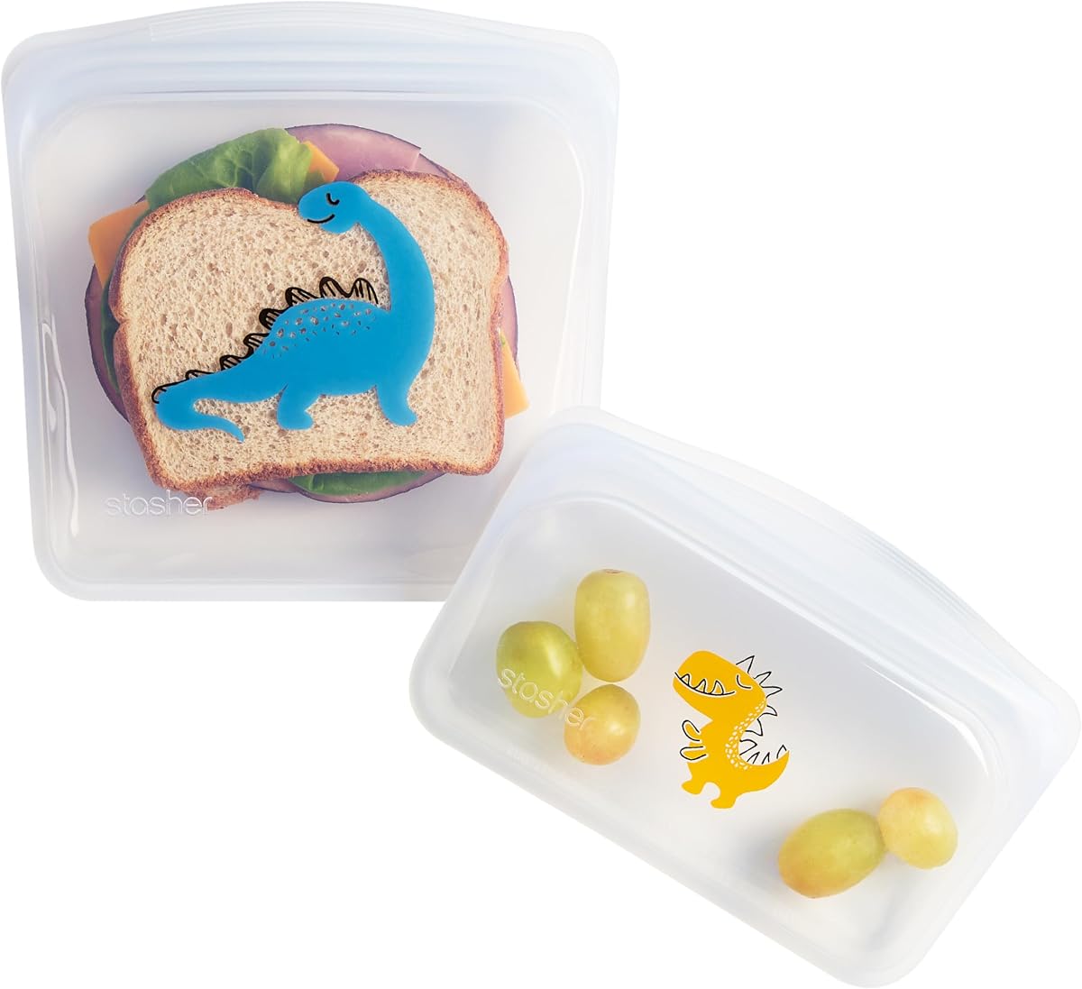 Stasher Reusable Silicone Kids Lunch Set, 2-Pack, Dino, Snack and Sandwich | Food-Safe Silicone, Leak-Free, Freezer, Microwave, Dishwasher, Lunch Containers, Meal Prep, Food Storage, Snack Storage