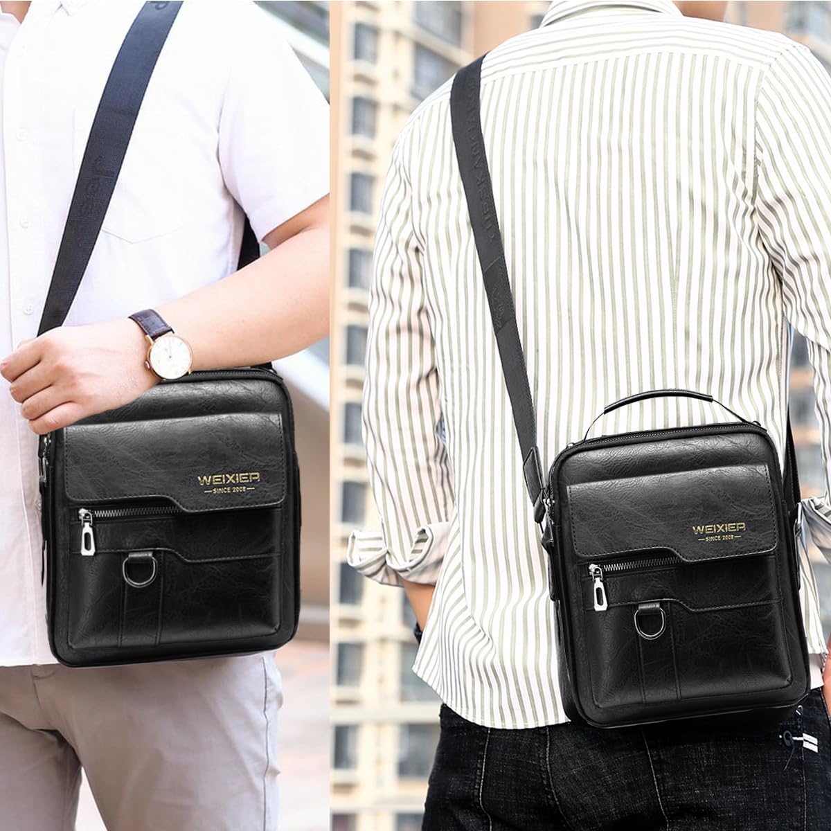 Bandoleras Hombre Cuero Bolso de Bombro Pequeña Mariconera Cruzada Bolso de Negocios Mano Hombre Vintage Bolsas de Trabajo Teléfono Cartera Monedero para Viajes,Compras (Negro Bolso Bandolera Hombre)