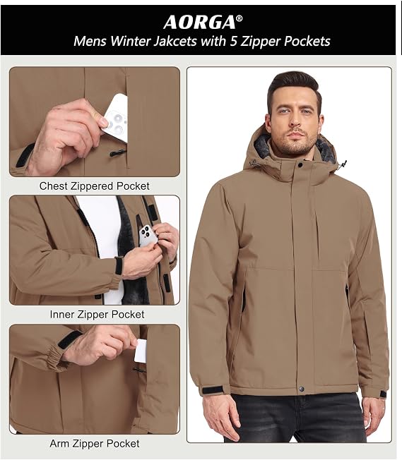 Mens Skiing Jackets Winter Waterproof Snow Jackets Fleece Lined Insulated Heavy Parka Jackets Coats with Hoode
