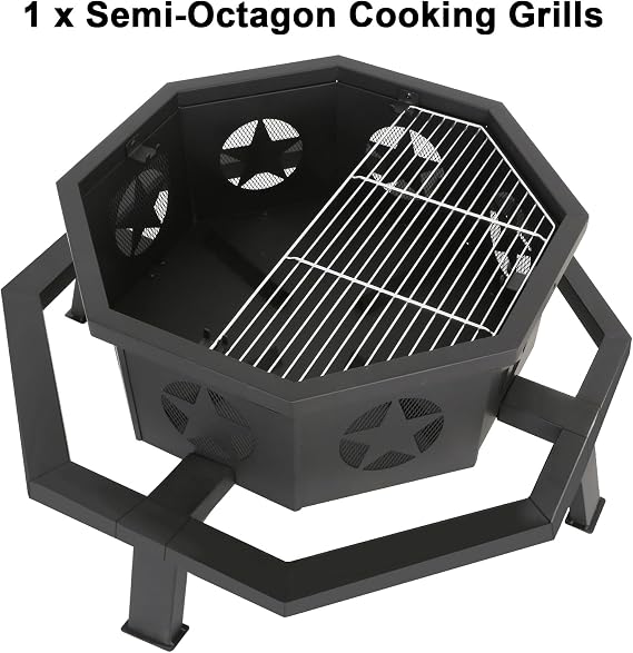 Hykolity 31 Inch Fire Pit, Octagonal Outdoor Fire Pit, 2 in 1 Wood Burning Fire Pits with Cooking Grill, Smokeless FirePit for Outside, Bonfire, Patio, Backyard, Camping