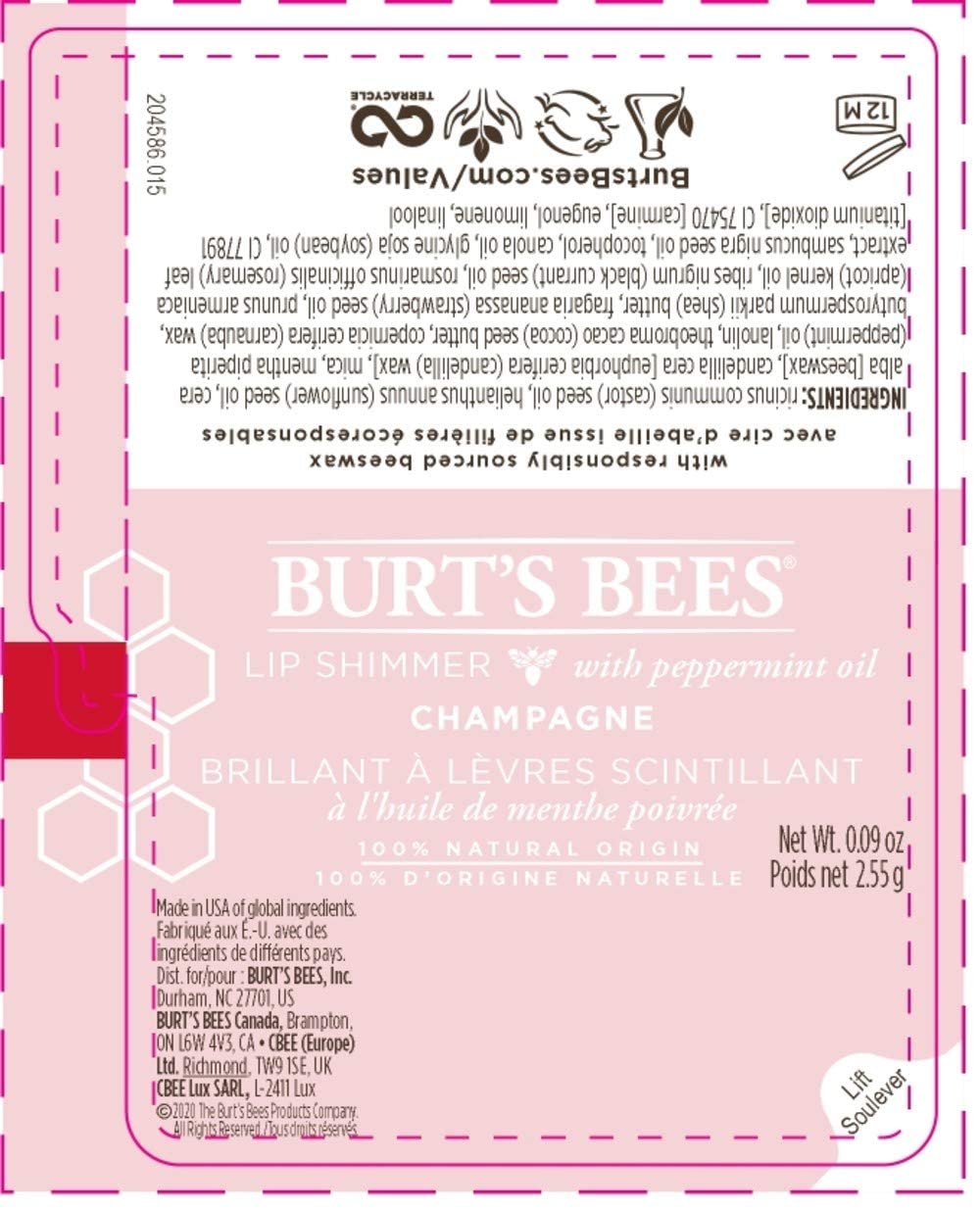 Burt's Bees Lip Shimmer, Champagne 0.09 oz (Pack of 6)