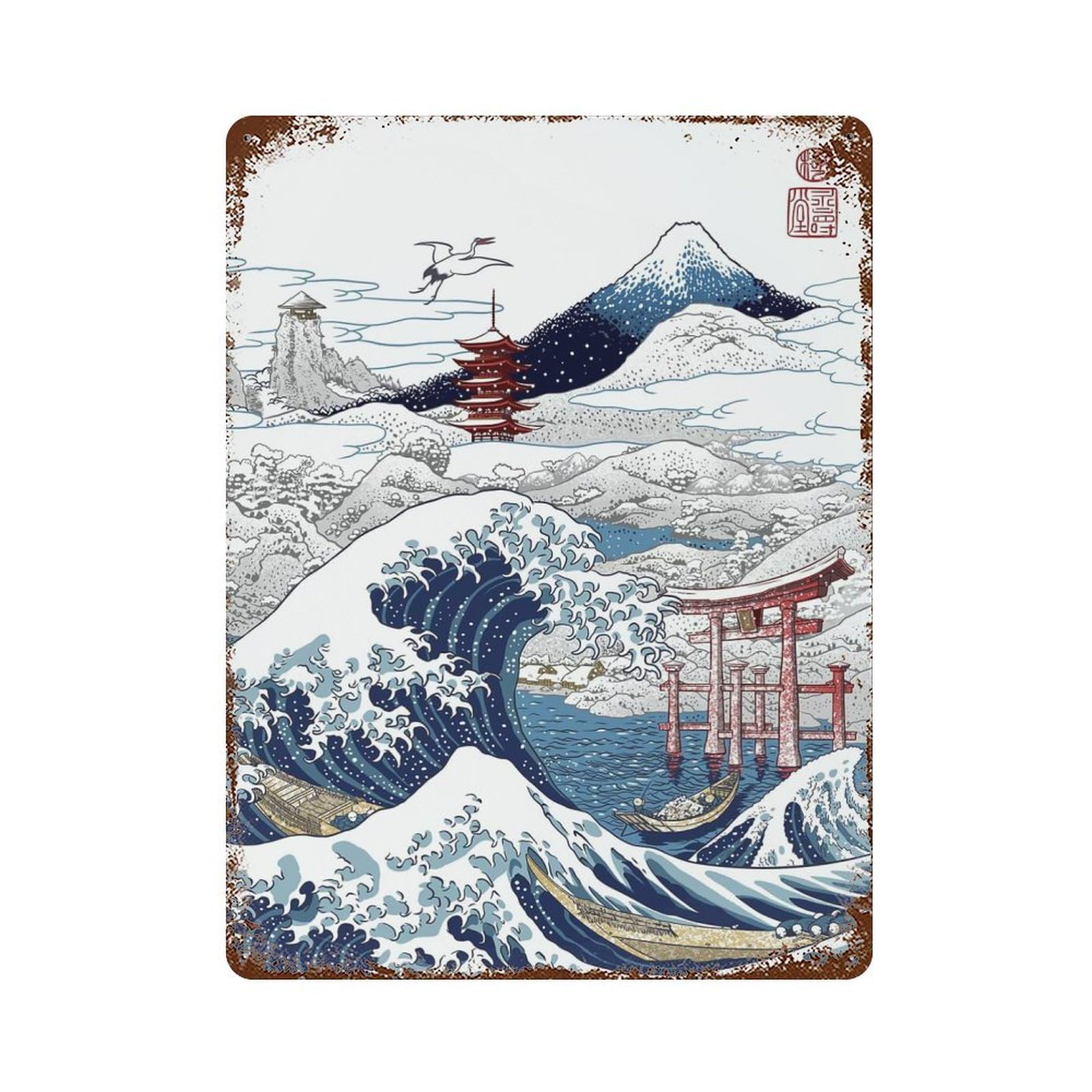 Snowy Winter in Japan Vintage Wall Sign 15.7"x11.8", Rust Effect Metal Decor for Basement, Hobby Room And Garage Decor