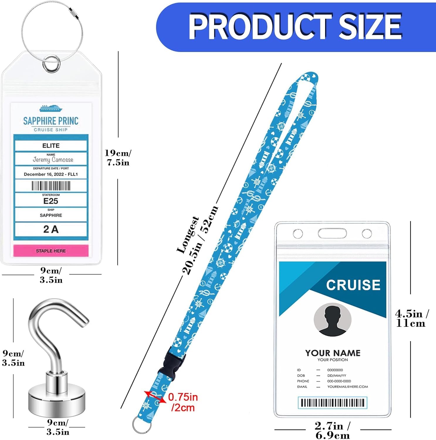 4 Cruise Luggage Tags Holder with Zip Seal and Steel Loops + 2 Detachable Cruise Lanyard with ID Holder Badge + 4 Magnetic Hooks for Cruise Cabins, Carnival Cruise Ship Essentials 2026 Must Have