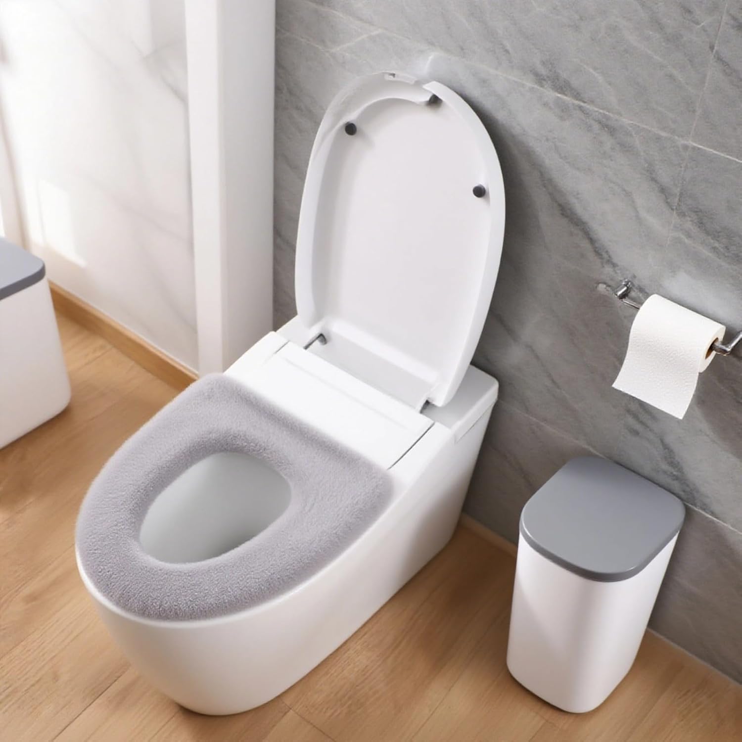 Padded Toilet Seat Cushion Cover For Winter, Soft And Fuzzy Washable Comfort, Fits Multiple Toilet Shapes, 11 In / 28 Cm, Gray Polyester