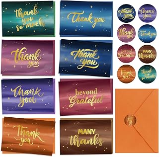 24 Pack Thank You Cards with Envelopes and Stickers, 6x4in Gold Foil Appreciation Card Splash Ink Sky Blank Note Card for Birthday, Business, Wedding, Employee Work Anniversary, 8 Cover Designs