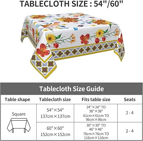 Miniatura 5 de Mantel moderno bohemio floral cuadrado de 60 pulgadas, flores azules, amarillas, rojas, lavables, resistentes a las arrugas, mantel de poliéster