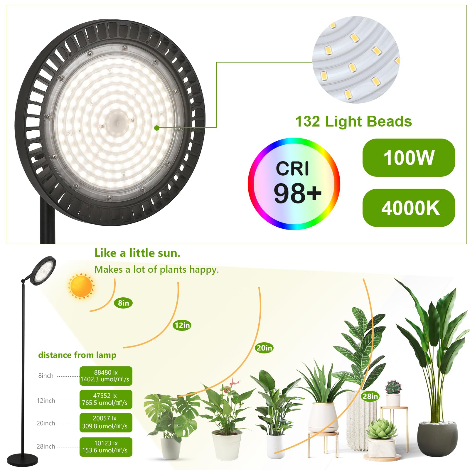 Rayofly Pflanzenlampe LED Vollspektrum, 100W Pflanzenlicht für Zimmerpflanzen, Höhenverstellbare Wachstumslampe mit Zeitschaltuhr 4/8/12H & 132 Lichtperlen, Stand Grow Light für Pflanze