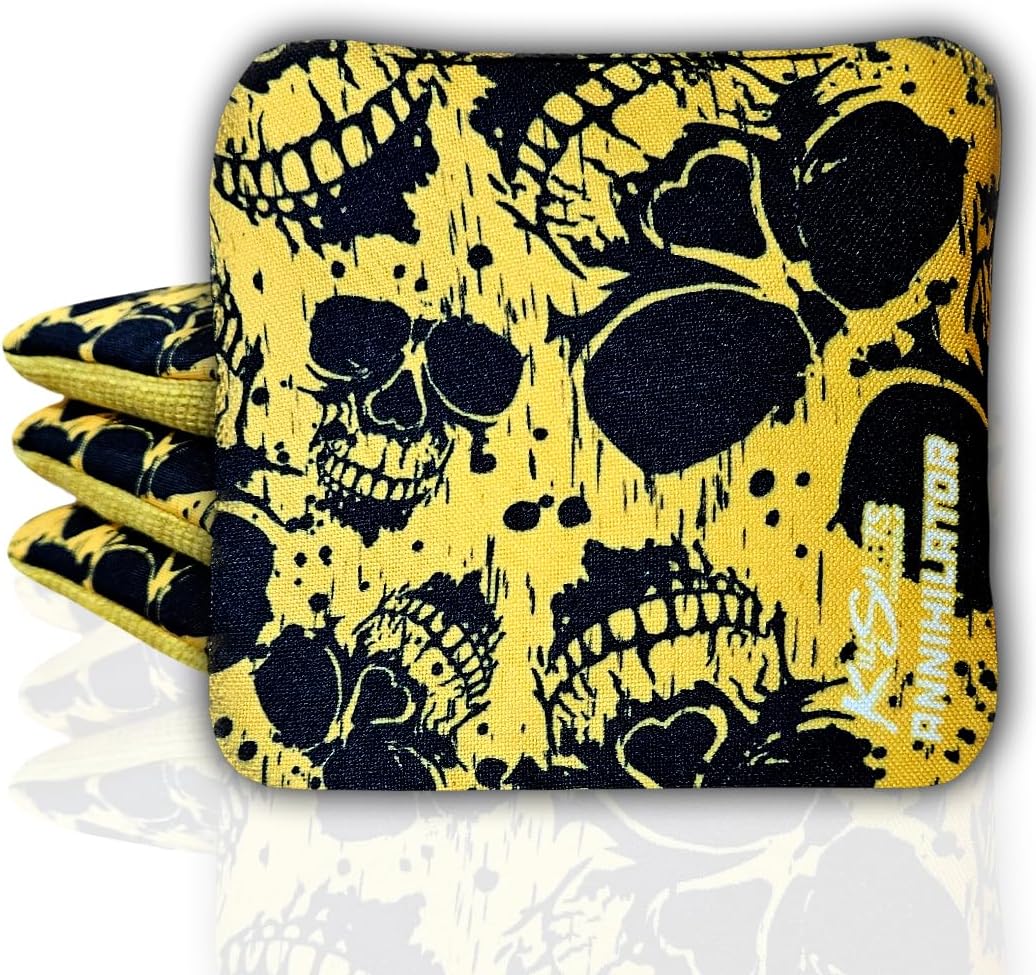 Killshots Cornhole | Annihilator Series | Limited Edition | Premium Cornhole Bags | Double-Sided Stick & Slide | Durable | Resin Filled | Regulation 6x6, 16oz | Set of 4 (Yellow Skulls)