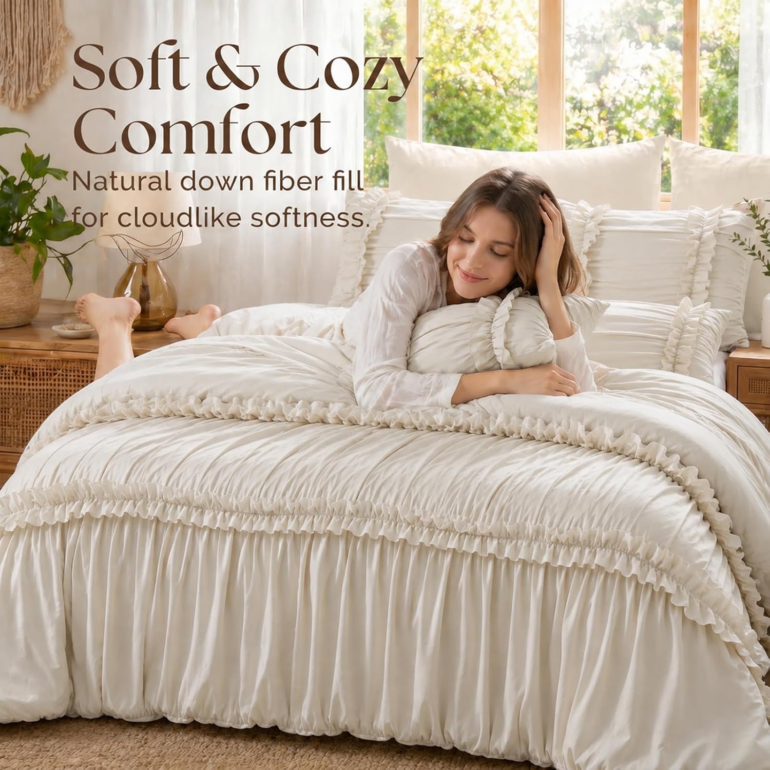 LIPA Ruffle Comforter Set, Ruched Bed in a Bag, 7-Piece, Queen, Cream