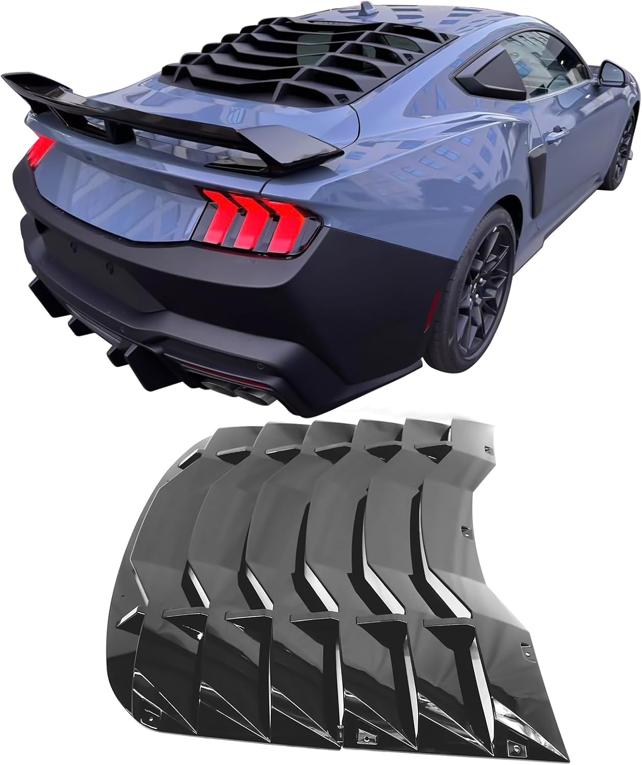 IKON MOTORSPORTS Rear Window Louver Compatible with 2024-2026 Ford Mustang 7th Gen S650 Coupe 2-Door, IKON Style ABS Plastic Gloss Black Back Windshield Sun Shade Cover Vent
