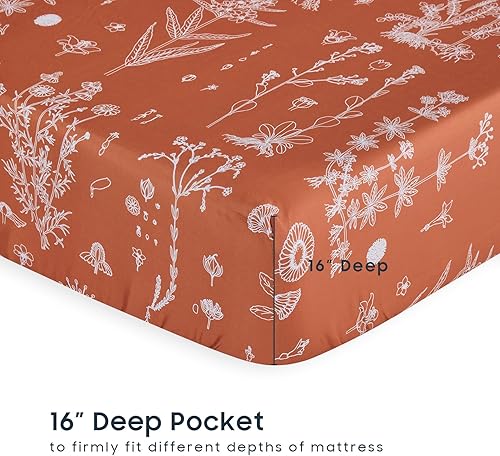 Miniatura 3 de Wake In Cloud - Juego de sábanas botánicas, flores blancas y hojas con patrón de jardín floral impreso en terracota, ropa de cama de microfibra