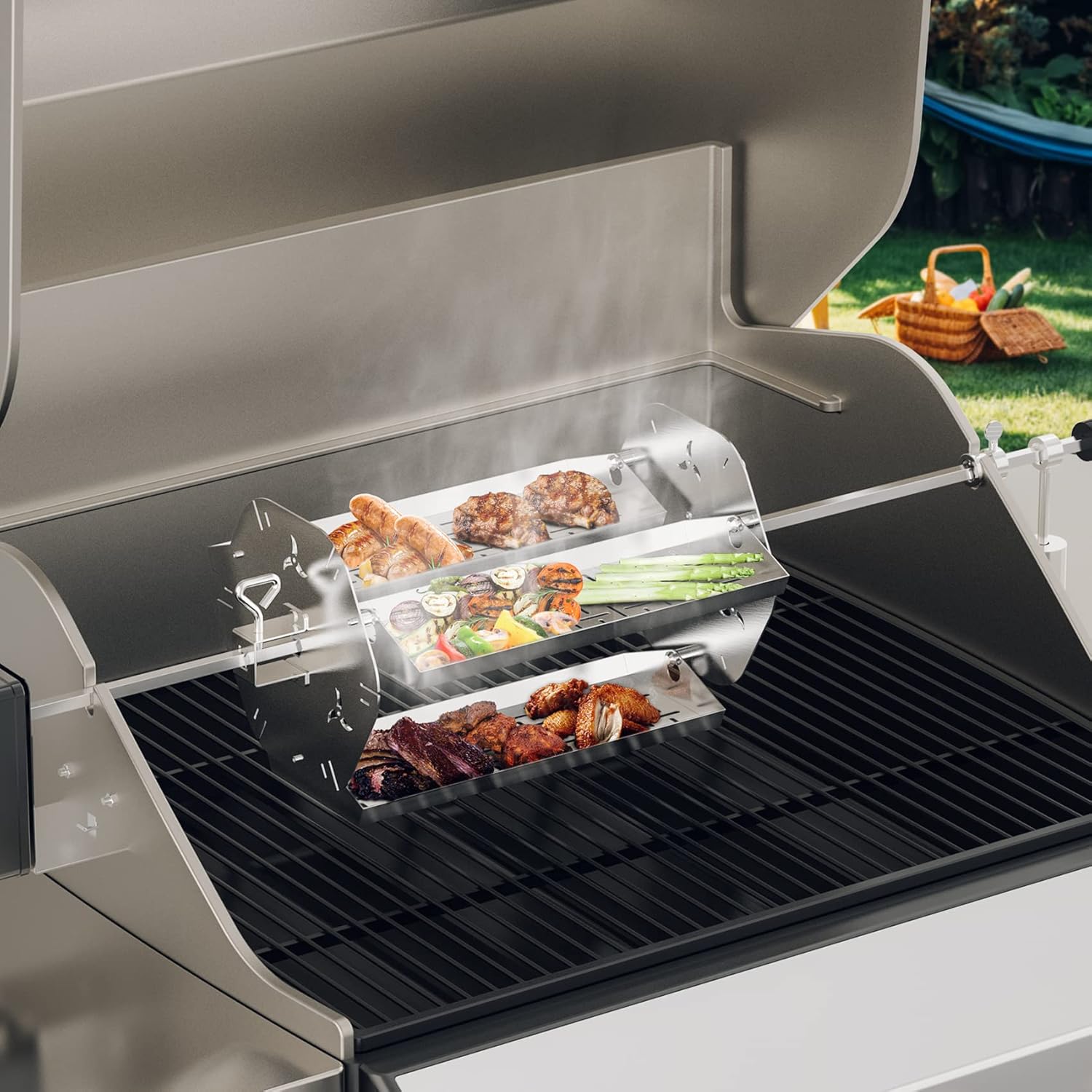 Skyflame Rotisserie Trays with Shish-Kebab Skewer Set, 2 in 1 Stainless Steel BBQ Rotisserie Kit Including Rotating Basket and Skewers, Fits for 3/8" & 5/16" Square, 1/2" & 3/8" Hexagon Spit Rods
