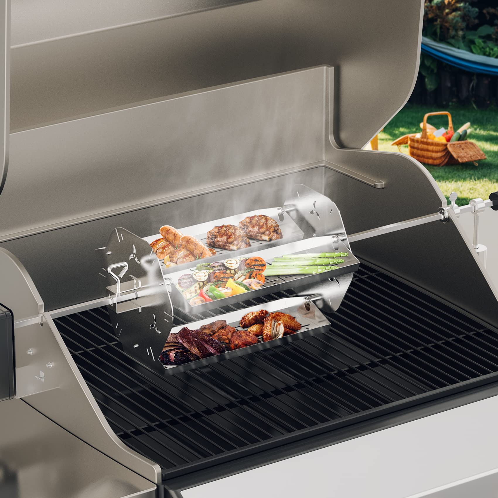 Skyflame Kit girarrosto in acciaio inox 2 in 1, design multifunzione con vassoi per barbecue e spiedini rotanti, adatto per canne da spiedo esagonale da 3/8" e 5/16", 1/2" e 3/8"