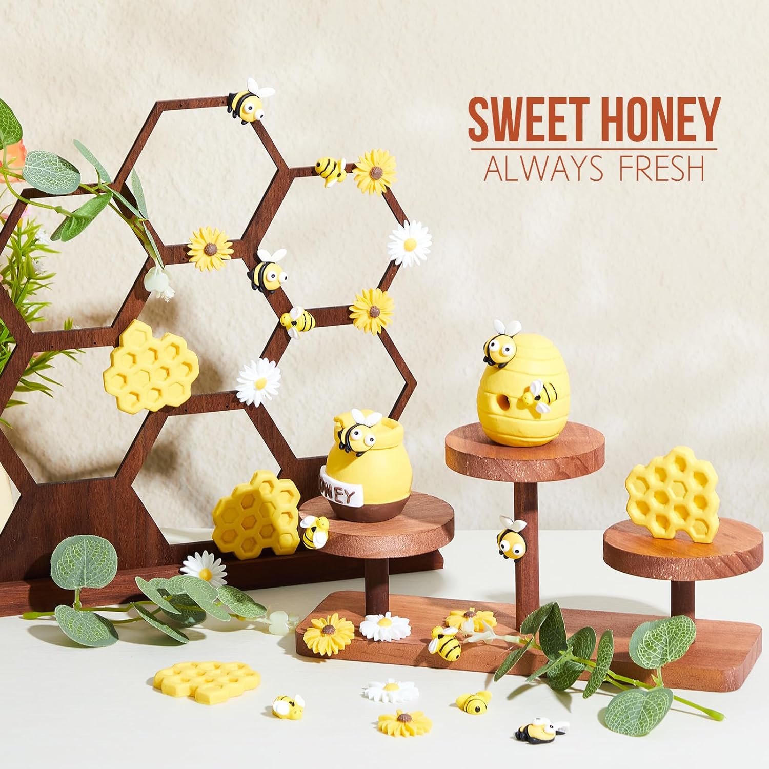 RoundFunny 45 Pcs Bee Cake Toppers Including Resin Bee Honey Jar Honeycomb Honeypot Daisy Sunflower Cake Decorations for Birthday Baby Shower Party Dessert Supplies