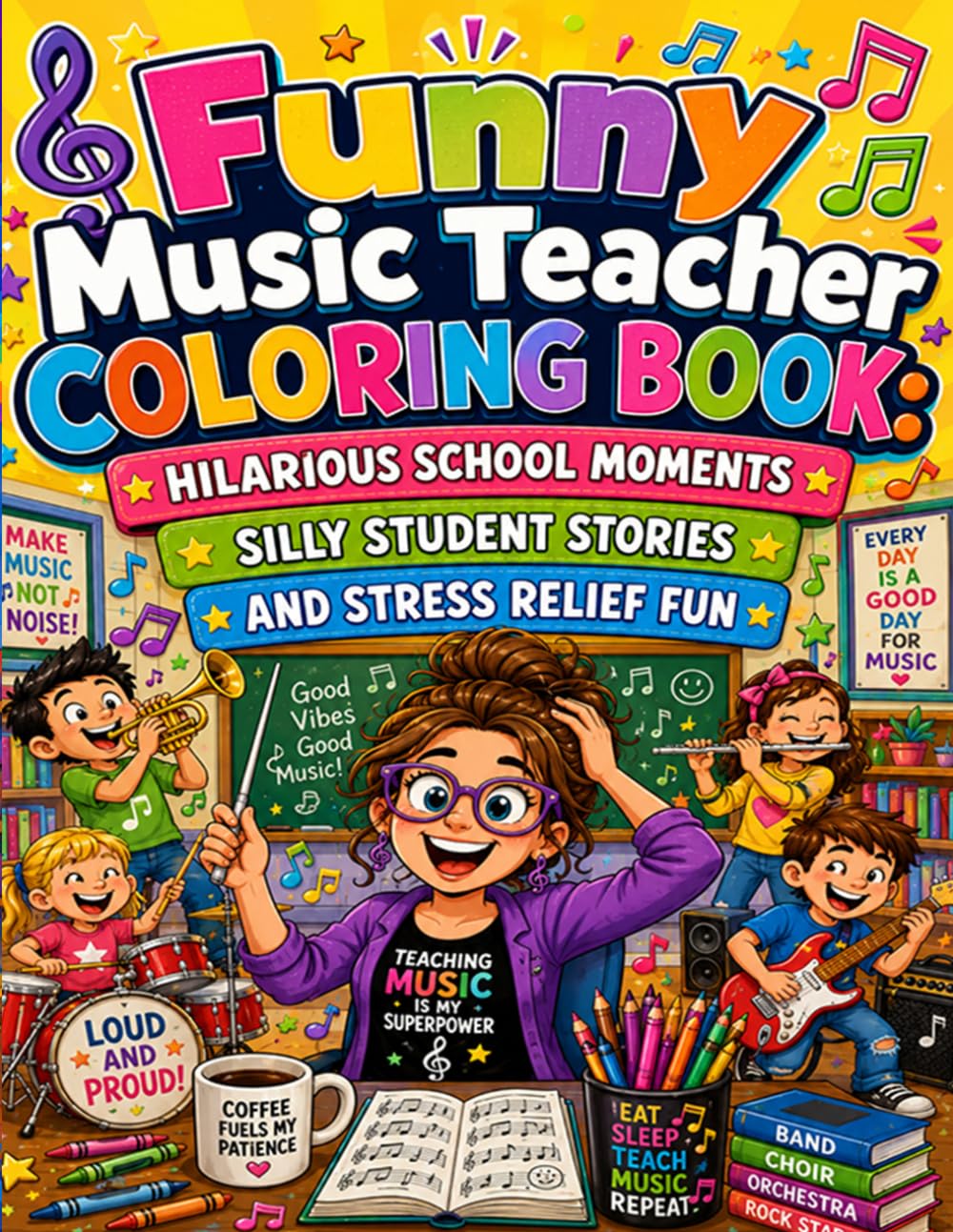 Funny Music Teacher Coloring Book: Hilarious School Moments Silly Student Stories and Stress Relief Fun: Laugh Through Music Class Chaos With Funny ... Crazy Instruments And Relaxing Coloring Fun