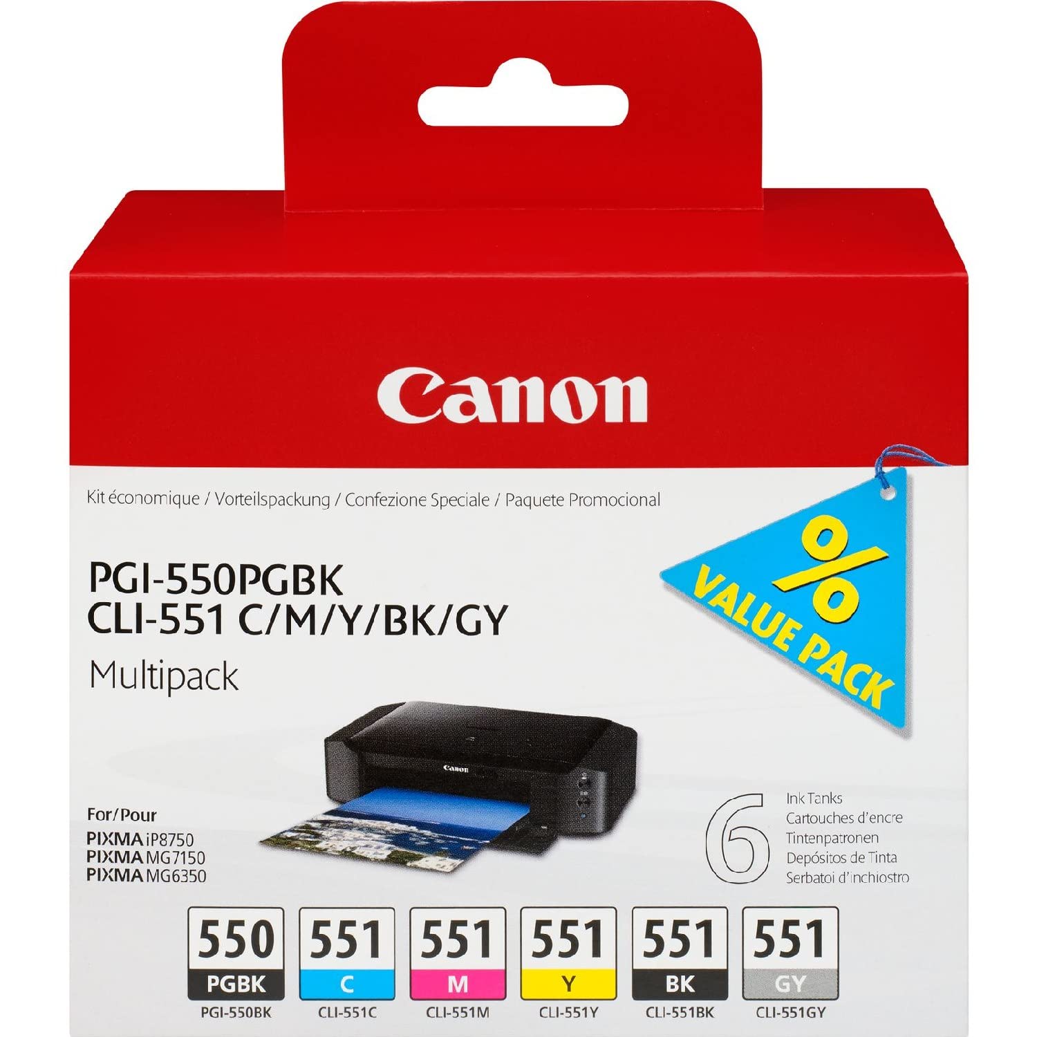 Canon PGI-550/CLI-551 PGBK/C/M/Y/BK/GY, Serbatoi Inchiostro, Multipack