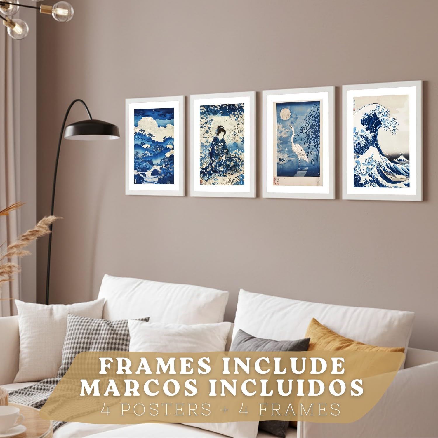 Nacnic Juego De 4 Laminas Decorativas Pared Estilo Japon. Cuadros Salon Modernos - Posters Decorativos Azules Orientales. Arte Japones. Decoración Dormitorios. A4 Marco Blanco
