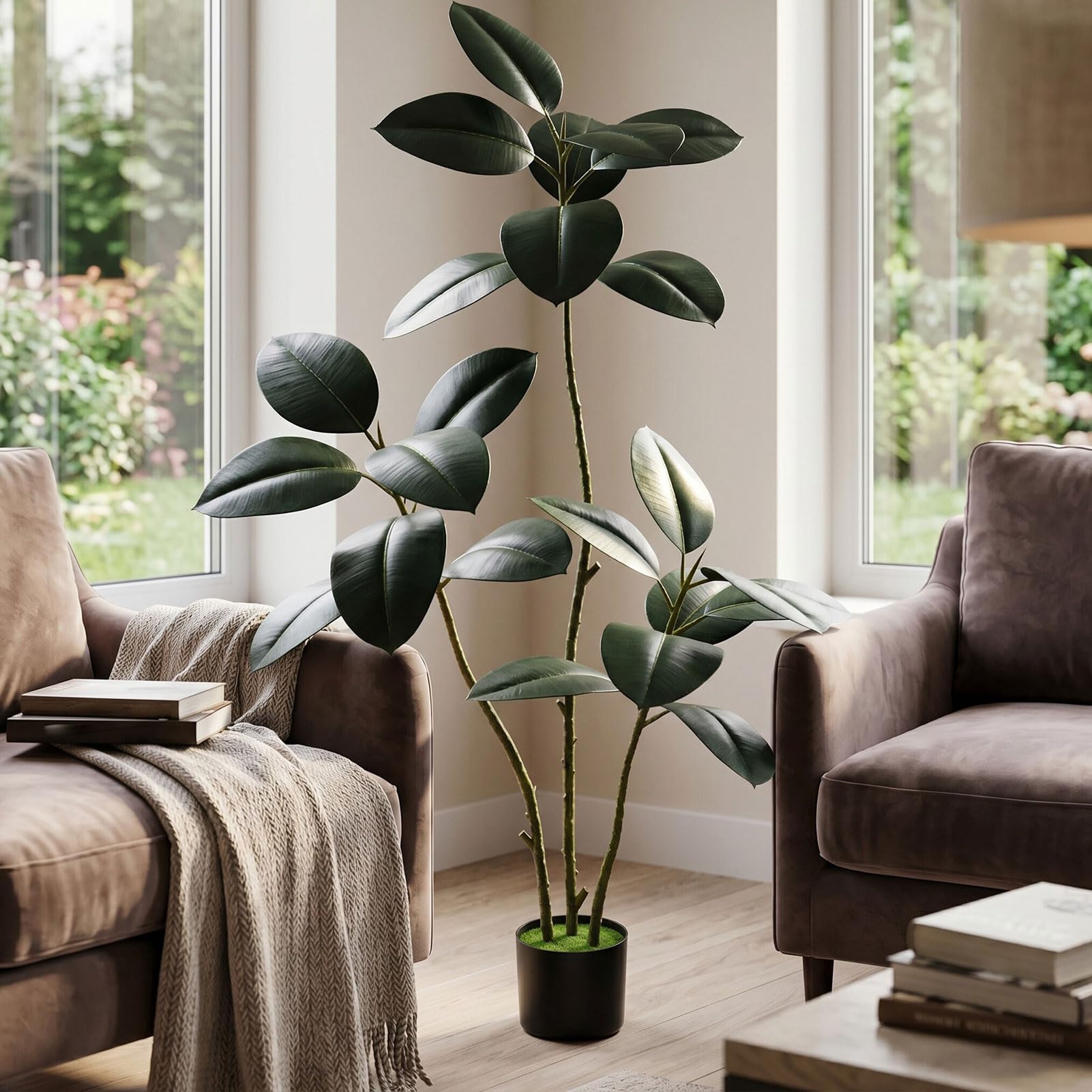 Asixxsix Arbre à Caoutchouc Artificiel avec 3 Têtes et 21 Feuilles Brillantes (130 cm)