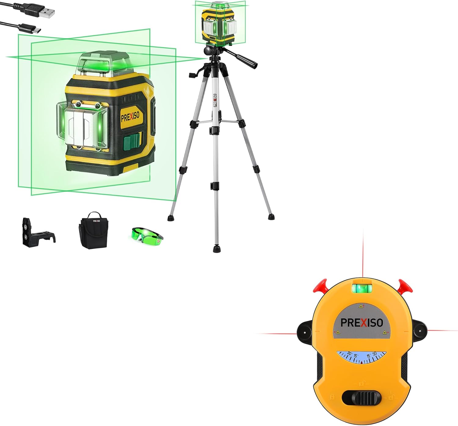 PREXISO Multi Surface Laser Level LED Light Vial, 30Ft Horizontal Vertical Line Laser & PREXISO Laser Level 3 X 360° with Tripod, Rechargeable Cross Line Leveler, Green Line Laser Level Self Leveling