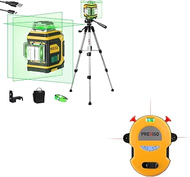 PREXISO Multi Surface Laser Level LED Light Vial, 30Ft Horizontal Vertical Line Laser & PREXISO Laser Level 3 X 360 with Tripod, Rechargeable Cross Line Leveler, Green Line Laser Level Self Leveling