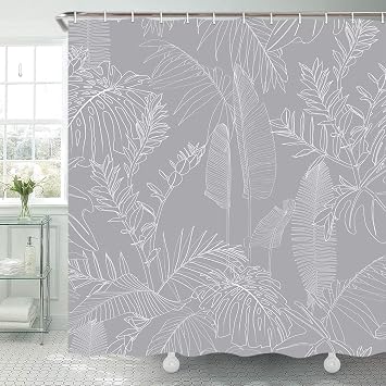 TOMOZ Grey Shower Curtain, Elegant Tropical Leaves and Flowers | Botanical Plant Design, Fabric Bath Curtain, 12 Hooks Included, 69 x 70 Inch