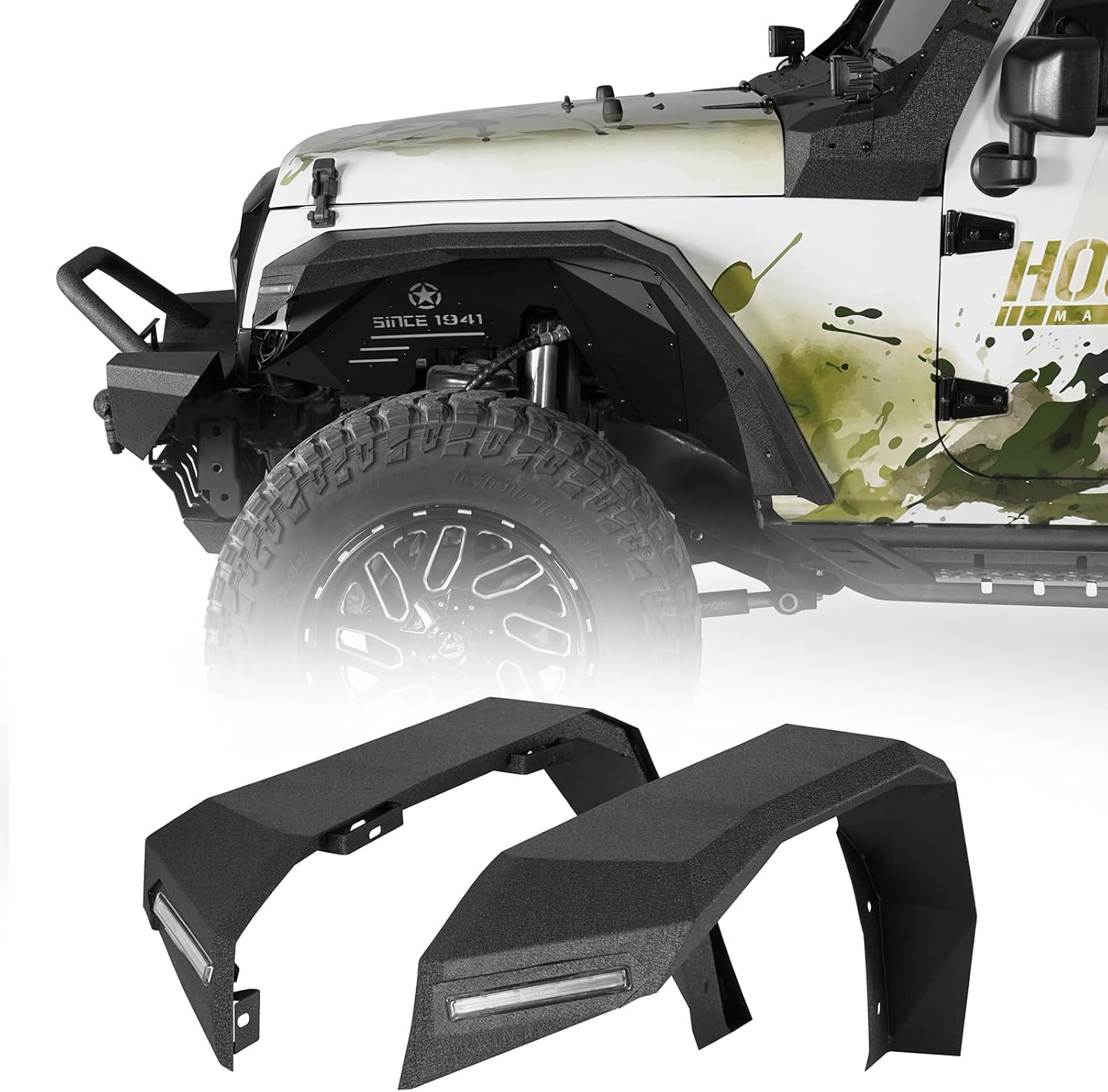 Hooke Road JK 8.7" Wide Front Fender Flares w/Turn Signal Lights DRL Compatible with 2007-2018 Jeep Wrangler JK & JKU 2/4 Door - 2PCS