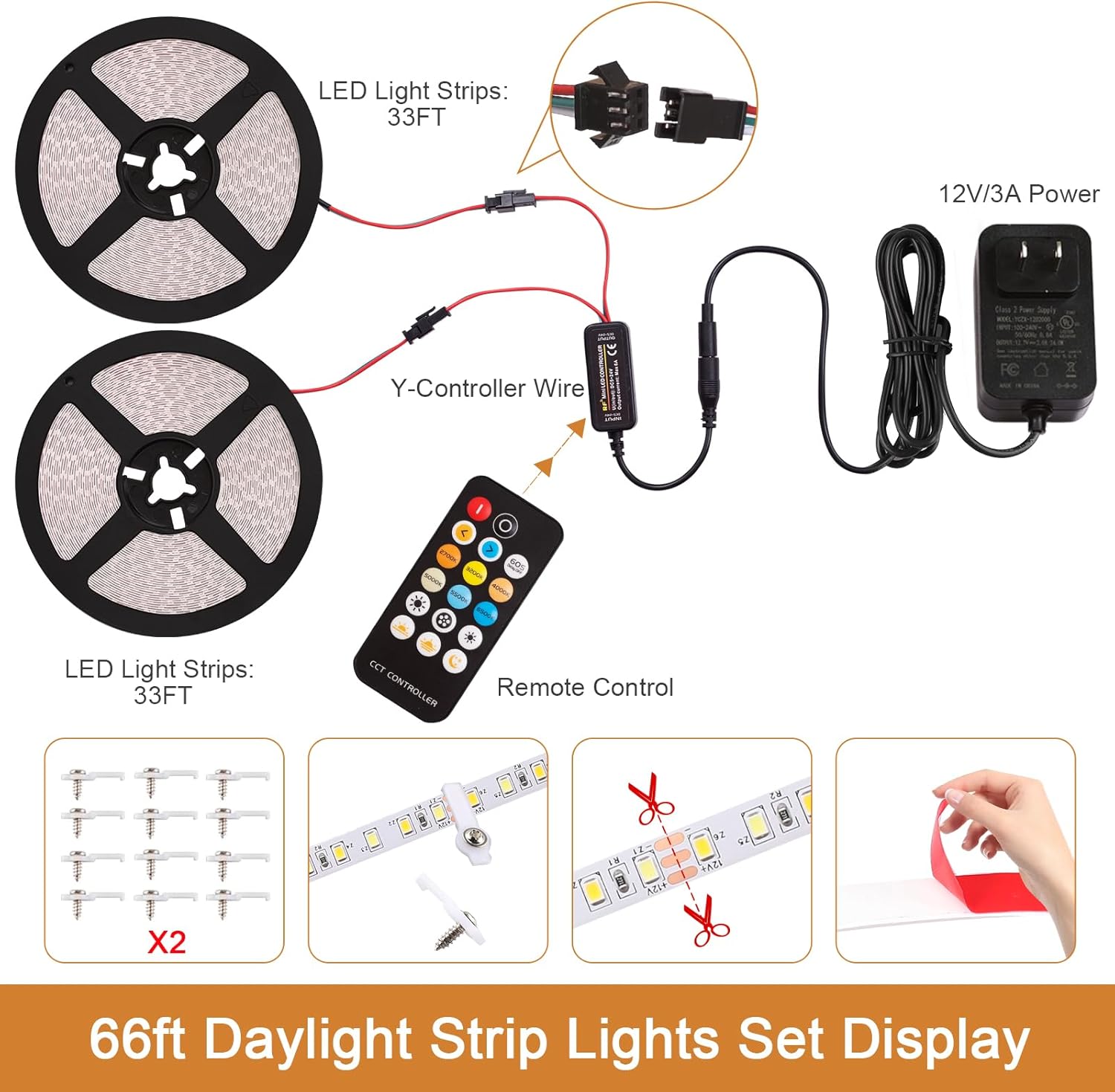 66ft LED Strip Lights, 2700K-6500K Tunable White LED Light Strip with Remote and Plug, 12V 2400 LEDs Dimmable Cuttable Led Tape Light for Kitchen Cabinet Bedroom Ceiling Lighting(2pcs of 33ft)