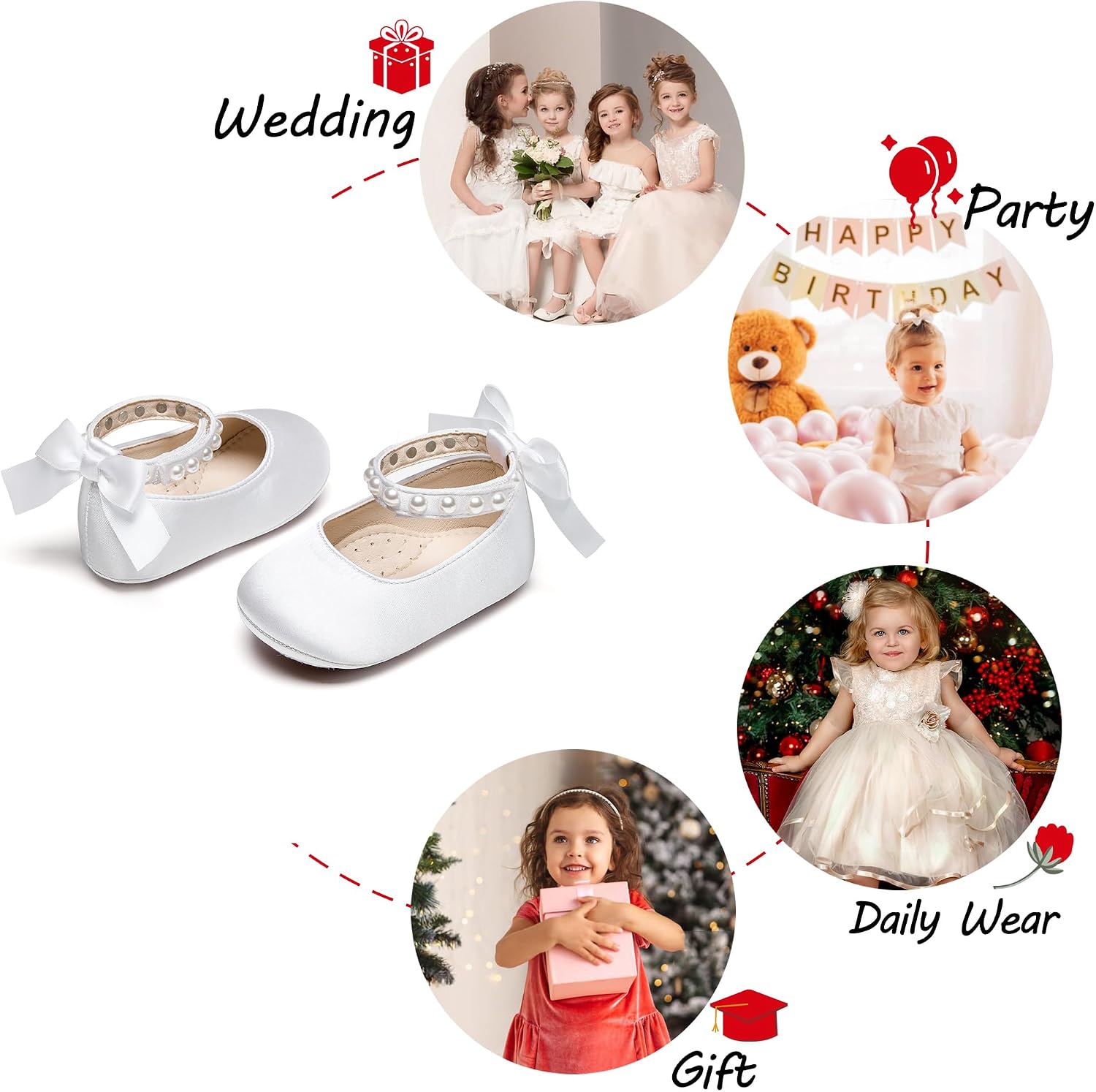 PHIRAMIN Baby Girls Mary Jane Flats - Infant Newborn Walking Shoes Soft Rubber Sole Princess Wedding