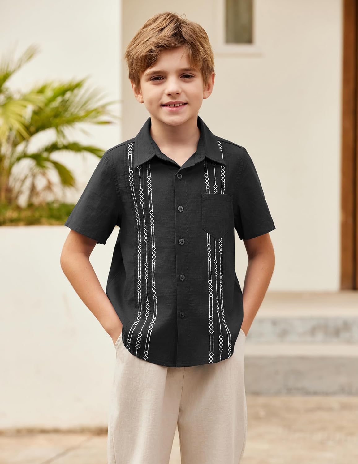 Arshiner Boys Guayabera Shirt Short Sleeve Cotton Linen Button Down Shirt Summer Beach Tops with One Pocket - Image 2
