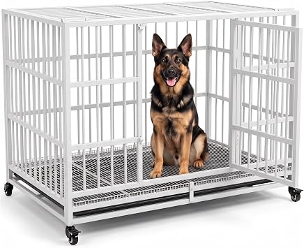 BOLDBONE 48 inch Heavy Duty Indestructible and Escape-Proof Dog Crate Cage Kennel for Large Dogs, High Anxiety Dog Crate with Removable Wire Trays and Wheels, Extra Large XL XXL, White