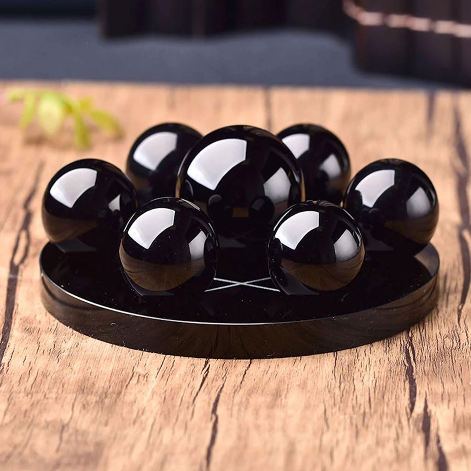 Sieben-Sterne-Gruppe aus schwarzem Obsidian - 7 Chakra-Edelsteinkugeln-Kugel-Set - Kugelornament aus natürlichem Obsidian mit Ständer für Meditation und Feng Shui-Heimdekoration,12cm