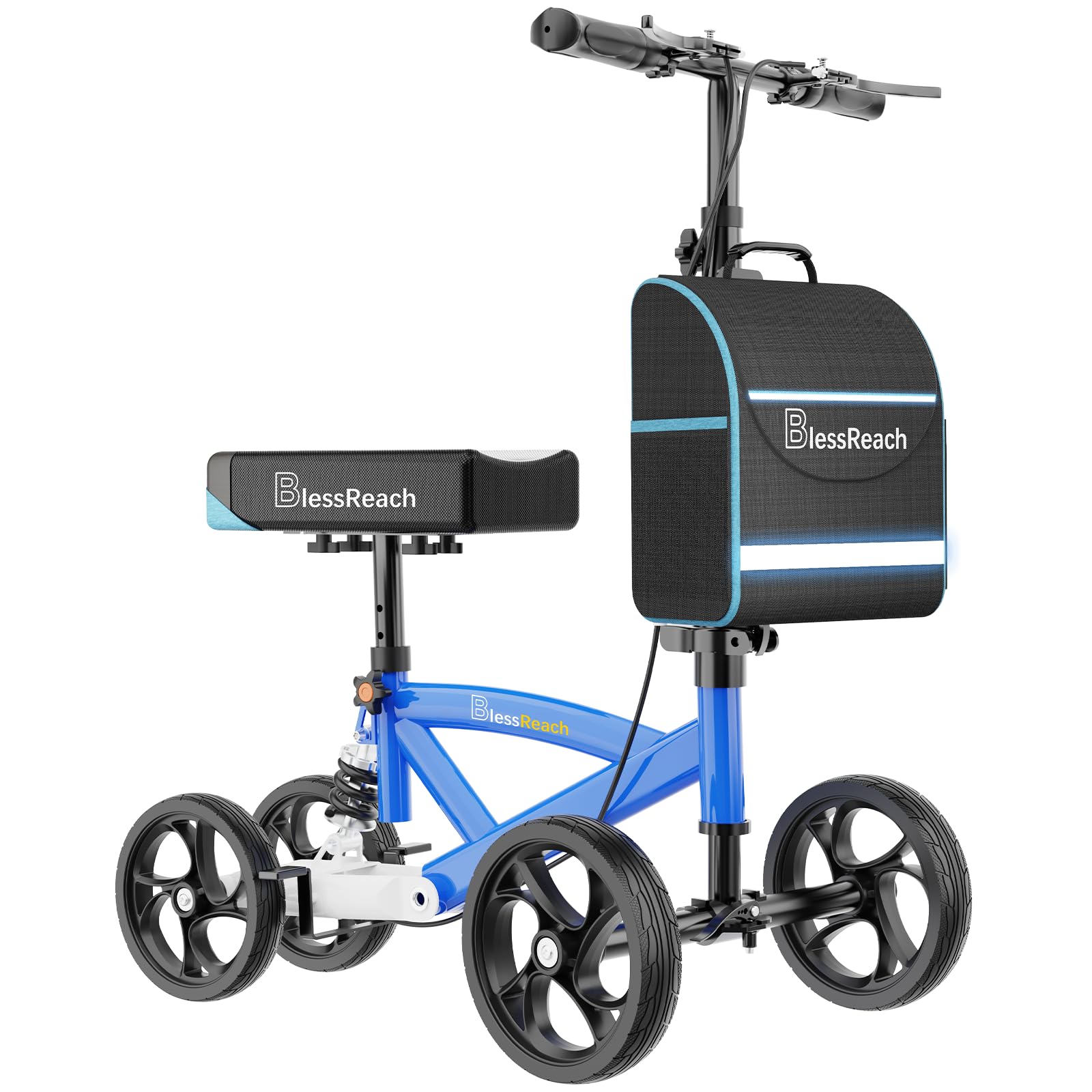 blessreach steerable knee scooter deluxe medical scooter for foot injuries compact crutches, with dual rear on-wheel brake and shock absorption under the knee pad?blue?