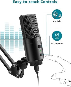 FIFINE K683A USB Desktop PC Microphone for Recording Streaming | Studio Condenser Mic, Gain Knob, Mute Button, Headphone Jack, Extra USB-C Plug, Pop Filter for Computer and Mac