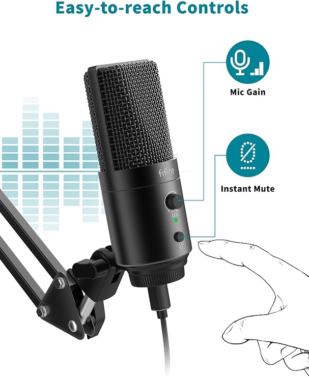FIFINE K683A USB Desktop PC Microphone for Recording Streaming | Studio Condenser Mic, Gain Knob, Mute Button, Headphone Jack, Extra USB-C Plug, Pop Filter for Computer and Mac