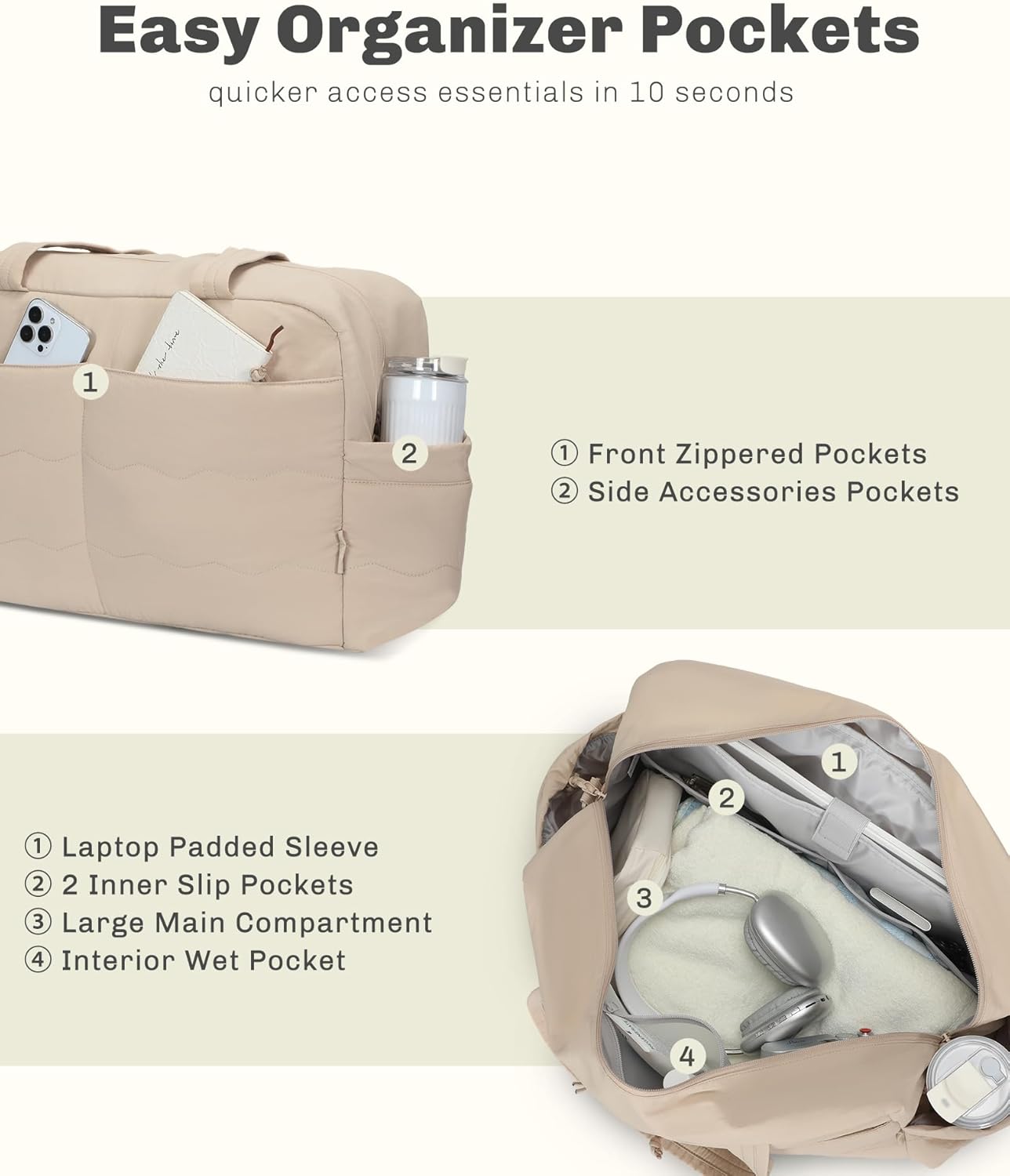 Hynes Eagle Travel Duffel Bag for Women with Toiletry Accessories Pouch Quilted Lightweight Overnight Weekender Carry on Bag with Wet Pocket Large Gym Puffer Tote Bag 31L Camel - Image 5