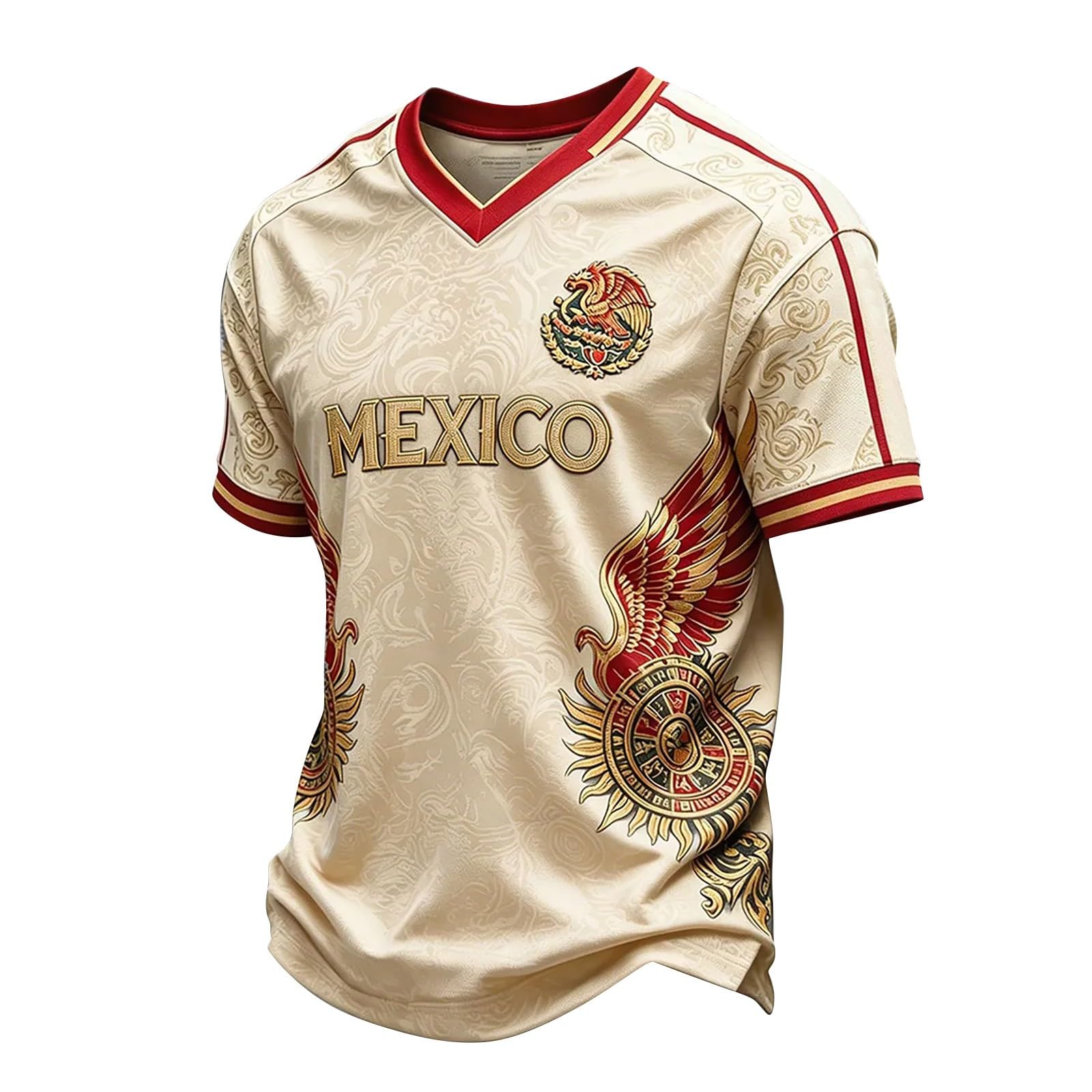 Men's Mexico Football Shirt 2026 Baseball Uniform with Mexican Flag Printed Sports Shirts Short Sleeve Novelty Casual Shirt for Everyday Wear and Matches (Beige, XXXXL)