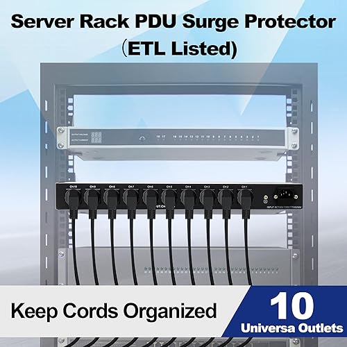 Miniatura 5 de Regleta de alimentación horizontal de 1U para montaje en rack de red PDU de 10 salidas con protector de sobretensiones, (SPD-10KA) 100-240V, 15A