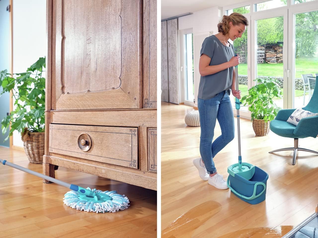 Leifheit Clean Twist Disc Mop Ergo Kit complet balai, serpillière et seau essoreur, ensemble balai serpillère en microfibre avec manche télescopique, essorage sans effort
