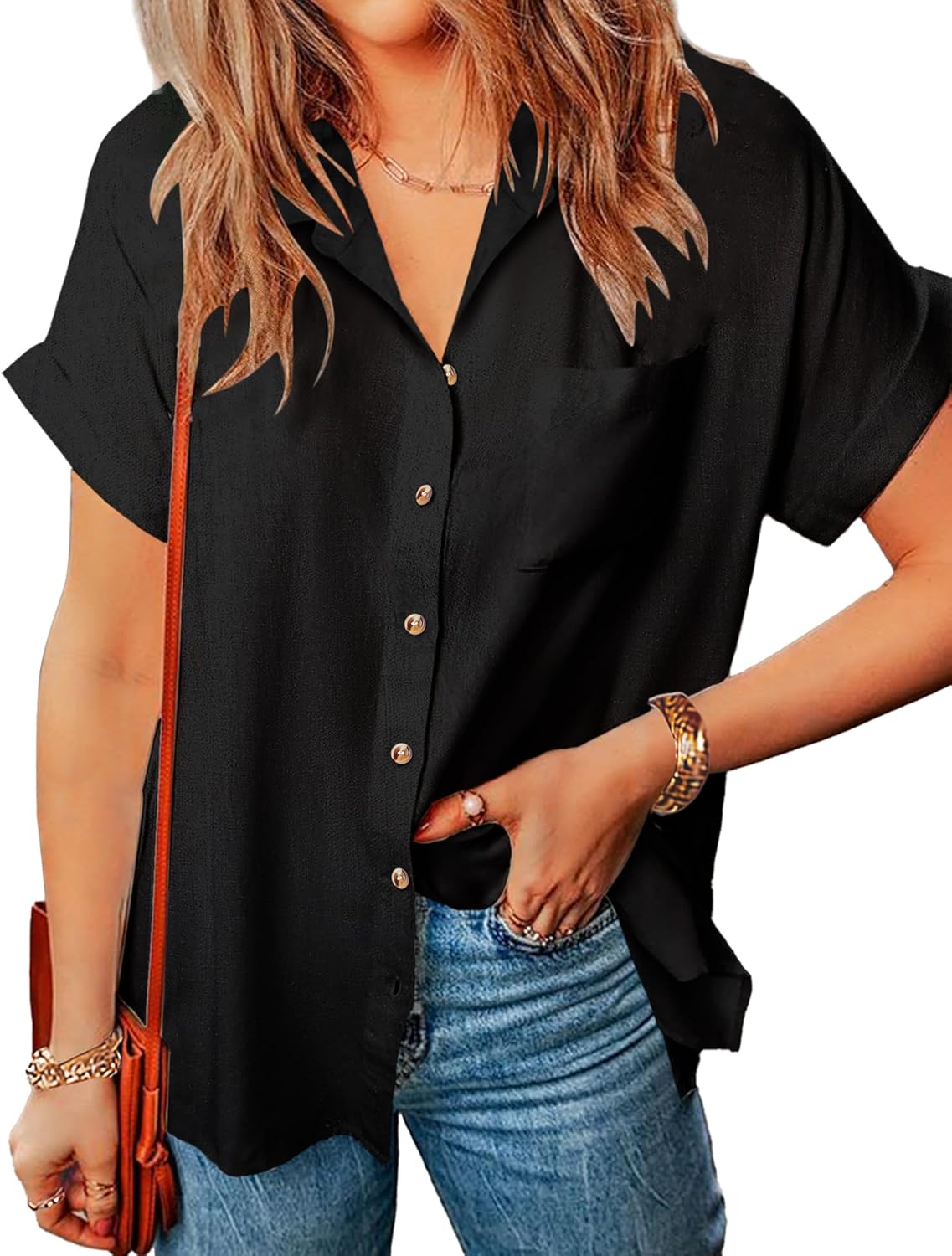 Zeagoo Black Button Up Shirt Women Blouses Summer Casual Short Sleeve Cotton Button Down Shirts Tops - Image 2