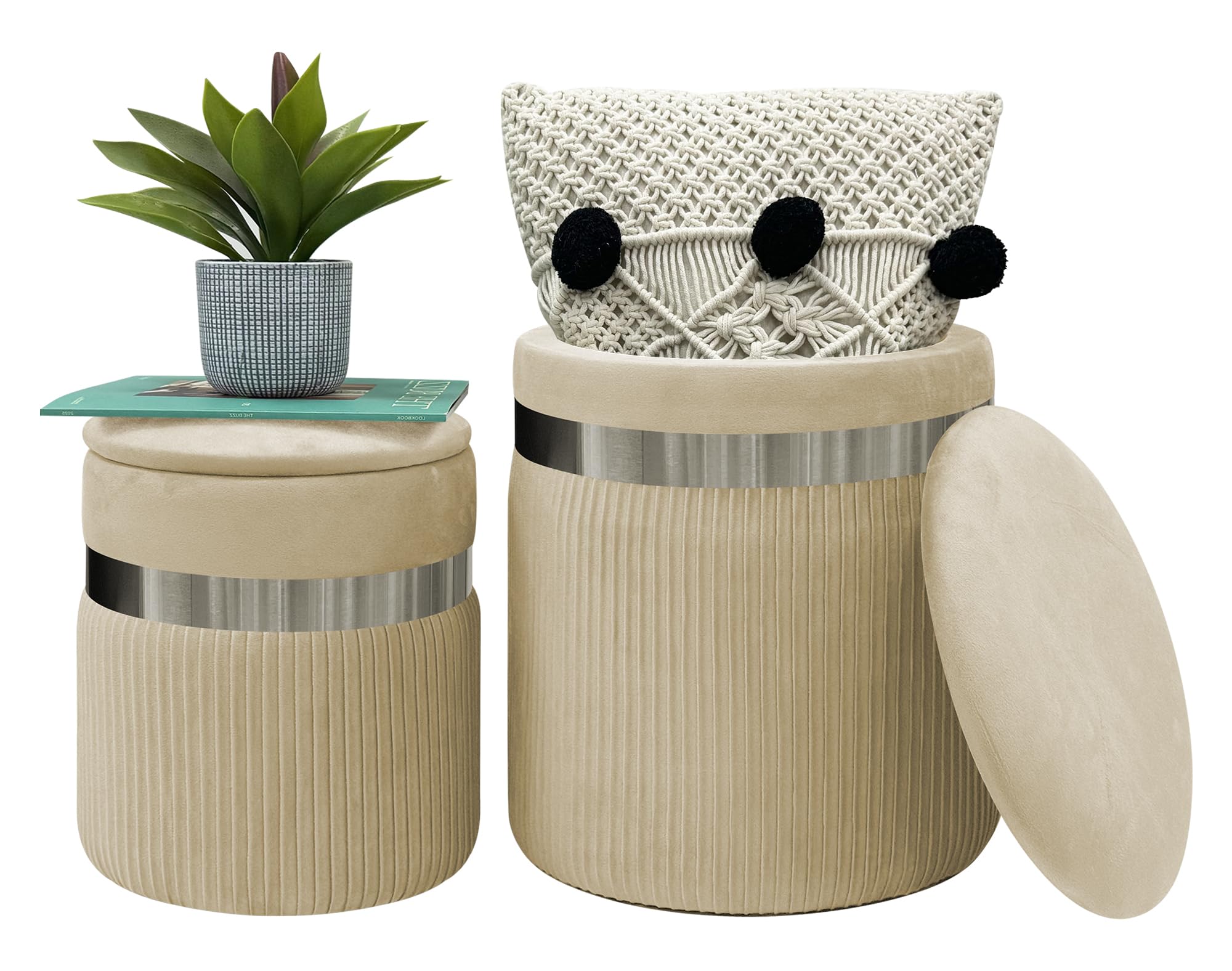 IlGruppone Set Di 2 Pouf Contenitori In Velluto Design Moderno Poggiapiedi,Tondo con Coperchio Rimovibile e Seduta Imbottita - Panna