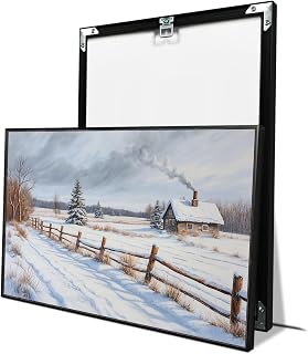 Winter country wall art poster print canvas painting suitable for living room study hallway decoration painting snow cabin chimney smoke towering pine trees covered with snow and rustic wooden fence