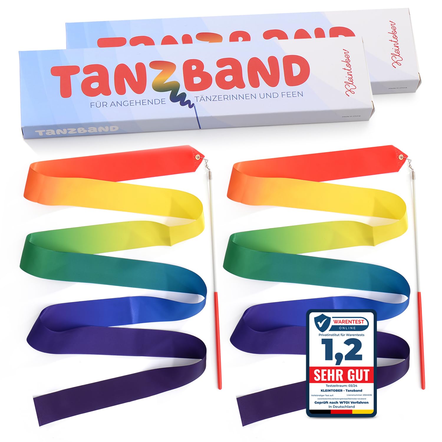Kleintober Multi-Pack 2er Set Premium Gymnastikband mit Stab I Kinder Regenbogen Band I Tanzband mit Bilderanleitung für Übungen I optimales Geschenk für Mädchen I Mitgebsel