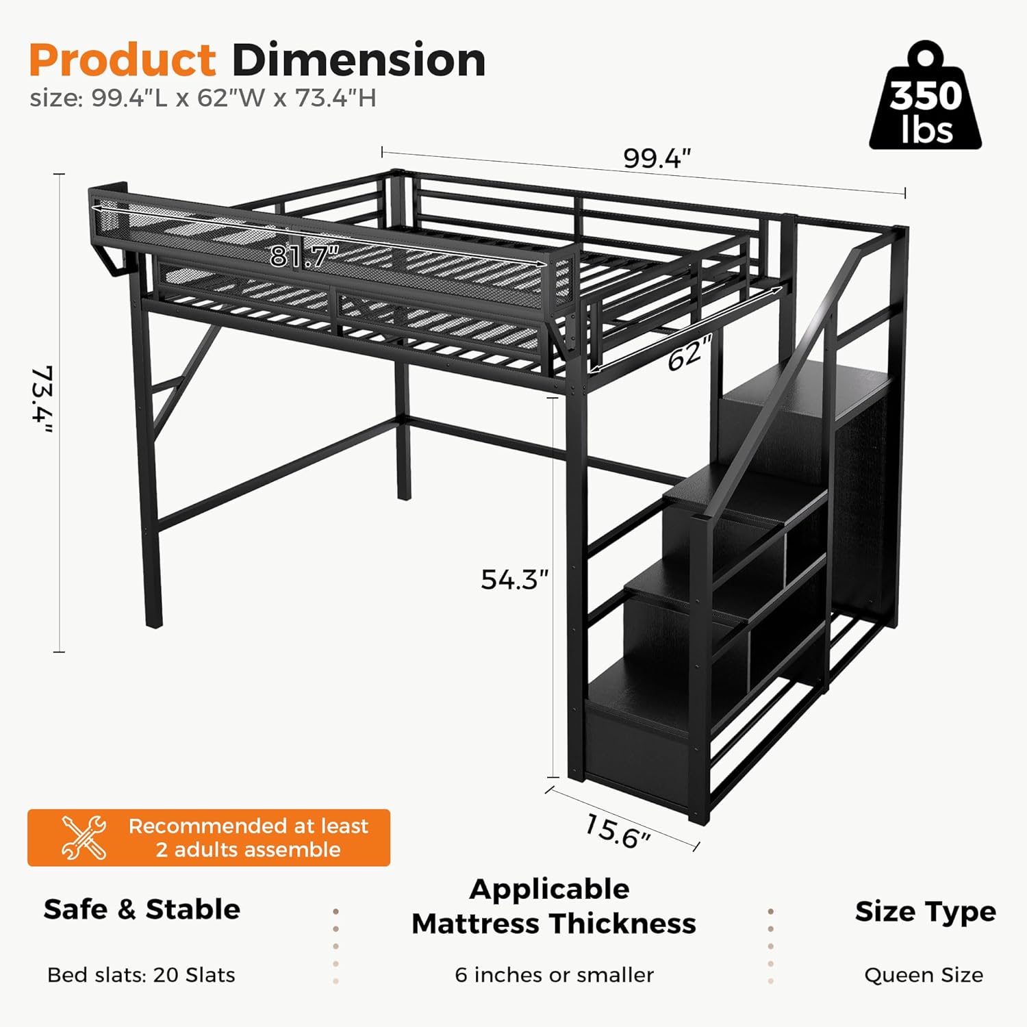 Queen Size Loft Bed with Built-in Storage Stairs, Wardrobe, Metal High Loft Bed Frame with Sided Guardrail, Space Saving Loft Bunk Bed Frame with Stairs for Kids Teens, Black