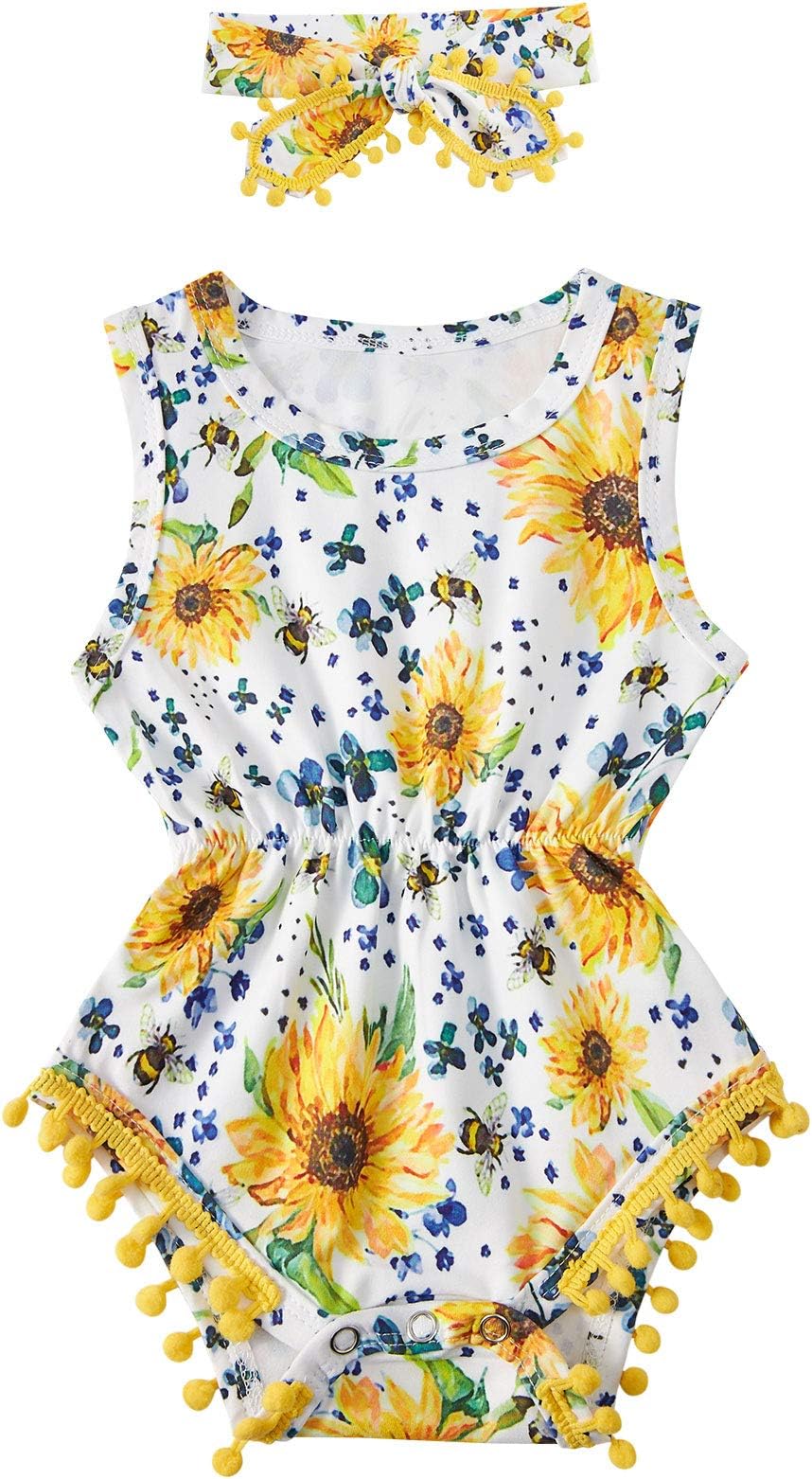Baby Girl Clothes 0-24 Months Floral Sleeveless Newborn Romper Jumpsuit Outfit Set with Headband