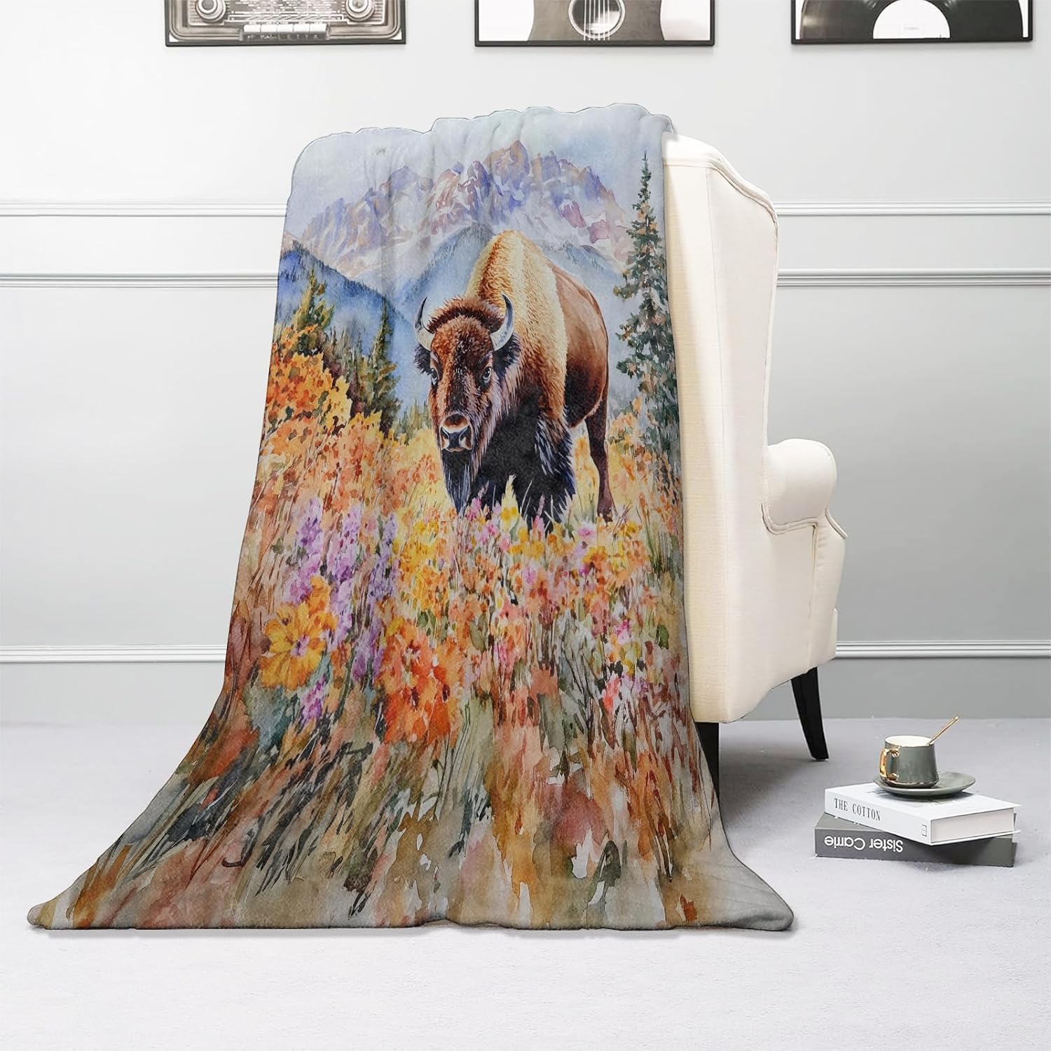 Watercolor Bison Blanket - Soft & Lightweight Cozy Flannel Throw Blanket - Plush Warm Blankets for Sofa, Travel, Bedroom, Office, Home Decor - Ideal Gifts for Adults Kids Women Men 60"×50"