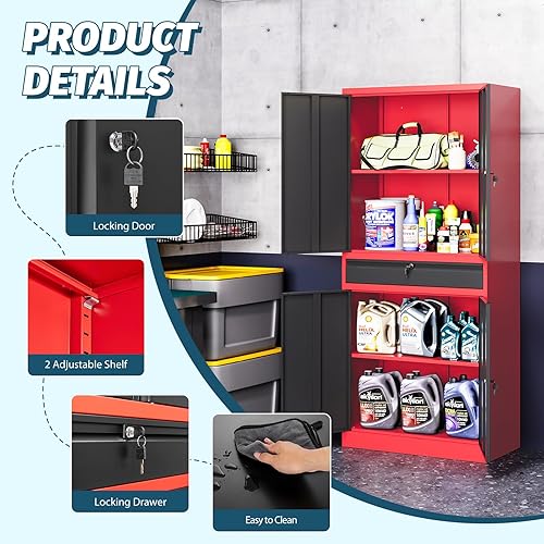 Vista 153 de MIIIKO Armario de almacenamiento de metal con puertas de bloqueo, armarios de acero con cerradura de garaje negro con 4 puertas y 5 estantes