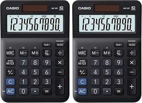 CASIO MS-10F Calcolatrice da tavolo - Display a 10 cifre, Calcolo imposte e doppia alimentazione (Confezione da 2)
