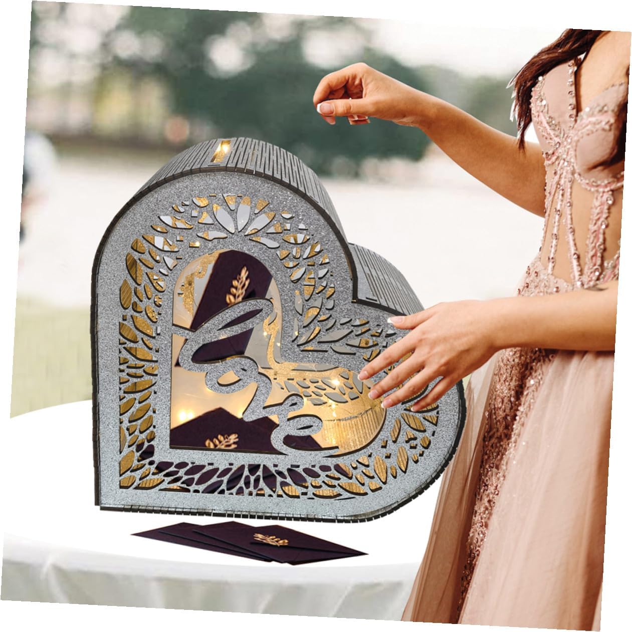 Wooden Hollow Heart-shaped Card Box with Glitter for Wedding Birthday Valentine’s Day, Wooden Greeting Card Storage Container for Blessing and Message Collection