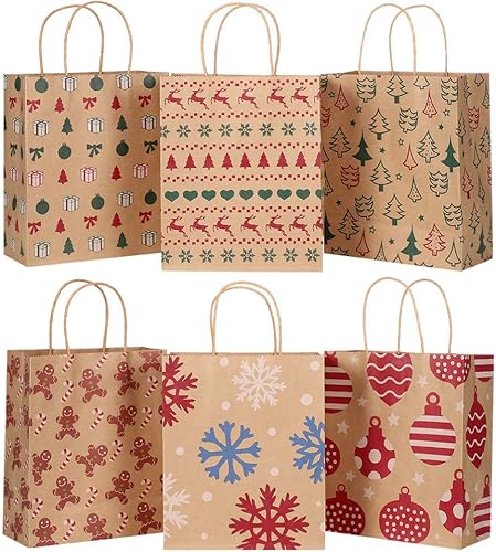 Cabilock 24pcs Navidad Kraft Bolsas 6 Patrones de Regalo de Navidad Bolsas de Almacenamiento de Papel Bolsa para Festival Banquete